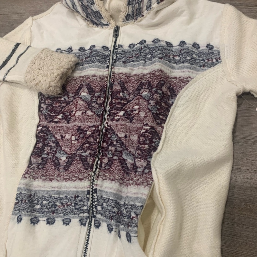 Free People Alpine Escape Ivory Comb Long Hooded Zip up Sweater Size L - Picture 7 of 11